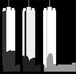 A black and white rendering of the pattern of shadows from urban obstructions on the exterior tower façades in elevation.